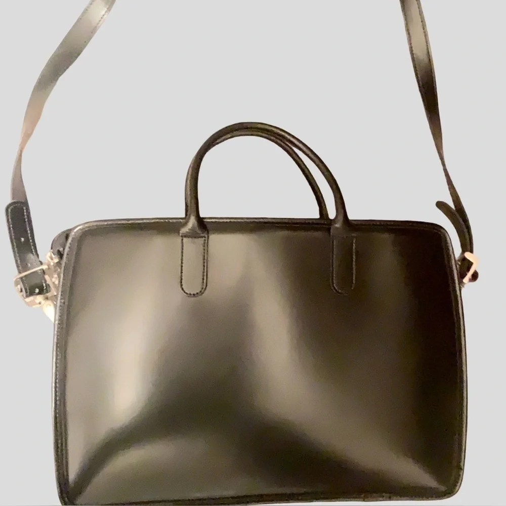 Jack Georges slim black leather briefcase laptop bag with crossbody strap